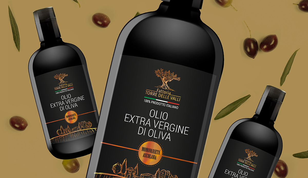 Mockup bottiglia olio extra vergine di oliva 'ascolana'.
